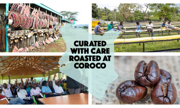 Collage of Kenya Peaberry coffee journey featuring handcrafted Kenyan goods, coffee farmers hand-sorting beans, a community meeting, and close-up of roasted peaberry beans, overlaid with “Curated with Care, Roasted at Coroco” text on map of Kenya