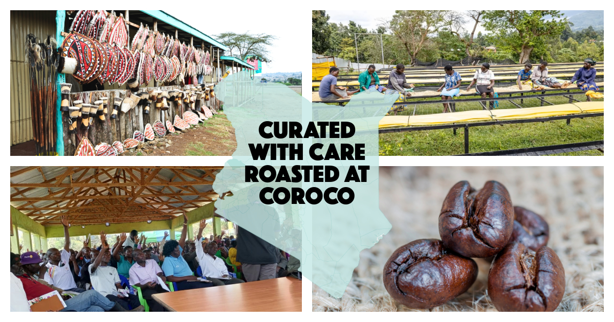 Collage of Kenya Peaberry coffee journey featuring handcrafted Kenyan goods, coffee farmers hand-sorting beans, a community meeting, and close-up of roasted peaberry beans, overlaid with “Curated with Care, Roasted at Coroco” text on map of Kenya