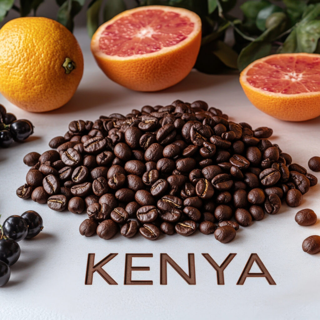 Pile of roasted Kenyan coffee beans surrounded by grapefruit, orange, and black currants, highlighting the fruity tasting notes of Kenya coffee