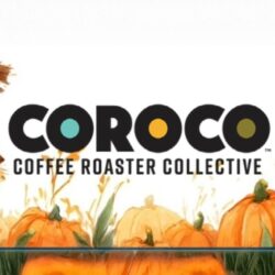 Smiling scarecrow with pumpkins and the Coroco Coffee Roaster Collective logo for Scarecrow Weekend promotion.