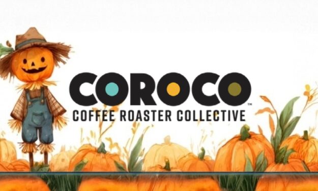 Smiling scarecrow with pumpkins and the Coroco Coffee Roaster Collective logo for Scarecrow Weekend promotion.