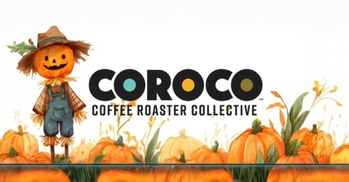 Smiling scarecrow with pumpkins and the Coroco Coffee Roaster Collective logo for Scarecrow Weekend promotion.